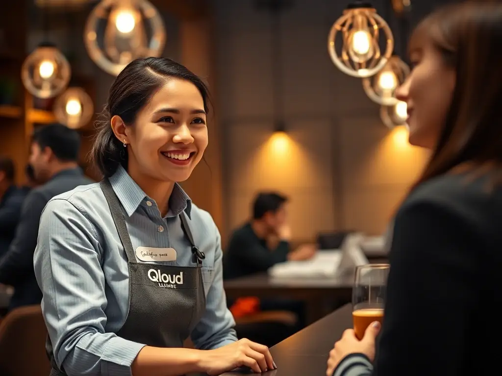 A photograph of a Qloud staff member interacting with a customer, showcasing the friendly and attentive service provided.