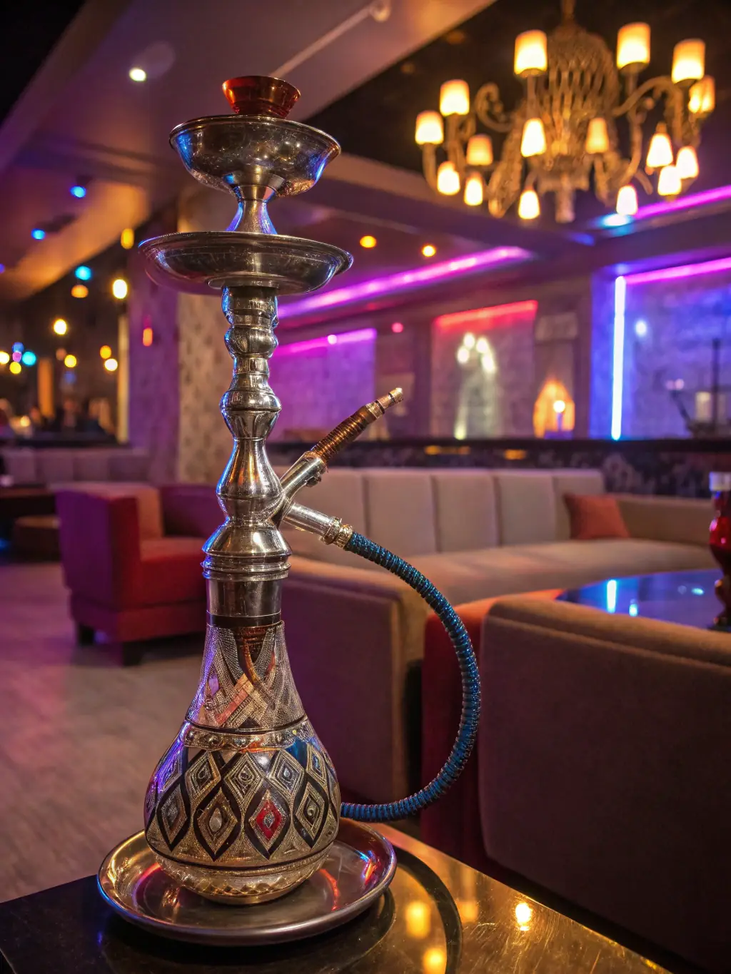 A modern glass hookah with a sleek, minimalist design, featuring vibrant colors and a multi-hose option for shared enjoyment.